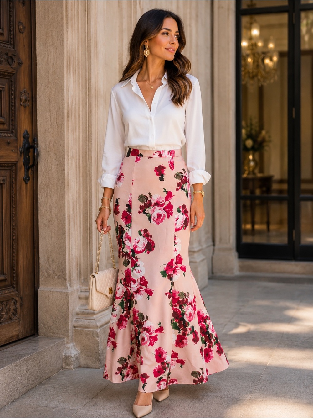 Xscape Pink Floral Mermaid-Style skirt with Red & Green Accents sizeâ 6